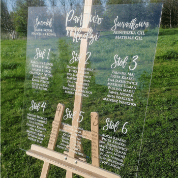 Tablica rozmieszczenie gości - plan stołów z pleksy 