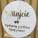 Tablica Powitalna z mlecznej pleksi złote/srebrne napisy 60 cm