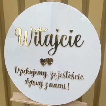 Tablica Powitalna z mlecznej pleksi złote/srebrne napisy 60 cm